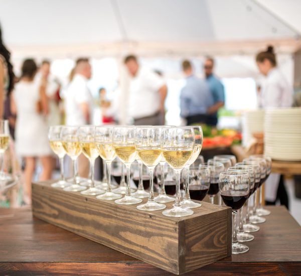 Set of wine and juice glasses on the banquet