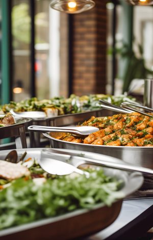 Des plats sur une table lors d'un buffet pour un mariage.
