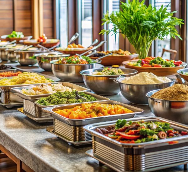 A variety of international dishes laid out on a buffet table at a hotel meeting room , hotel, buffet, international, cuisine