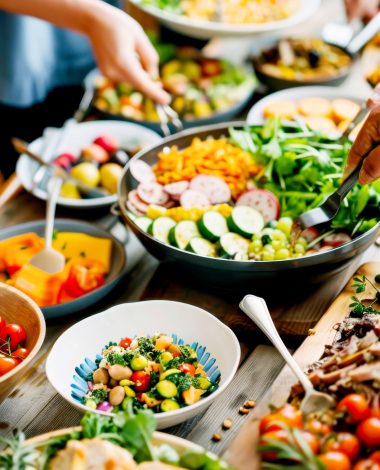 A vibrant spread of fresh salads, fruits, and vegetables, showcasing healthy food choices for a delicious meal.
