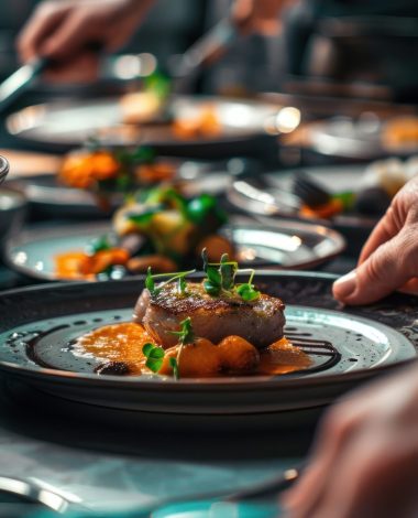 Culinary Artist: Presenting a beautifully plated dish, --chaos 8.5 --ar 9:16 Job ID: 9c27c134-fe6a-43b9-a852-65e112823a3d