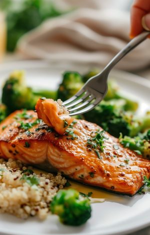 Fork with Bite of Grilled Salmon, Quinoa, and Broccoli on Plate